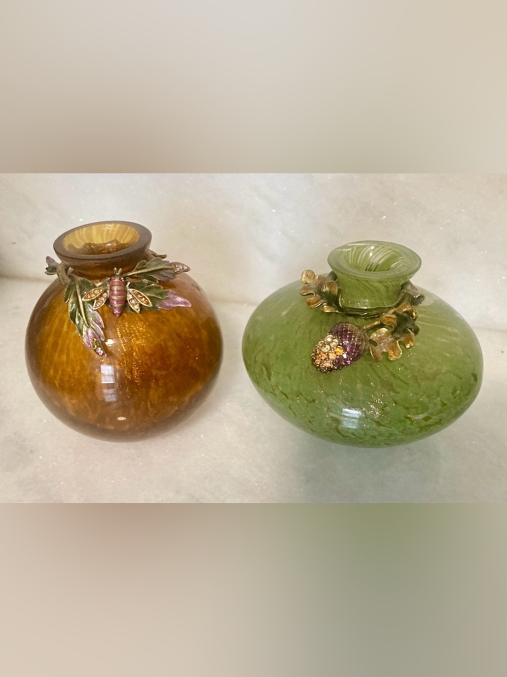 2 Jay Strongwater mini vases w/ gold swirls, Swarovski crystals & enamel